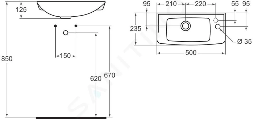 Ideal Standard Eurovit - Lave-mains 50x24x13 cm, un trou pour mitigeur, blanc R421901