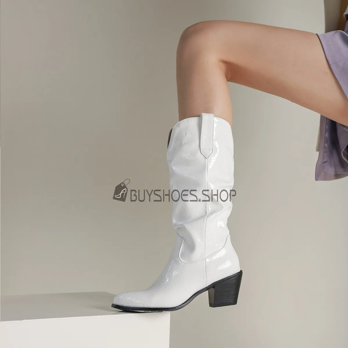 Talon Epais Bottes Mi Mollet Talon Carré Simili Cuir A Talon Mi Haut Western Femme