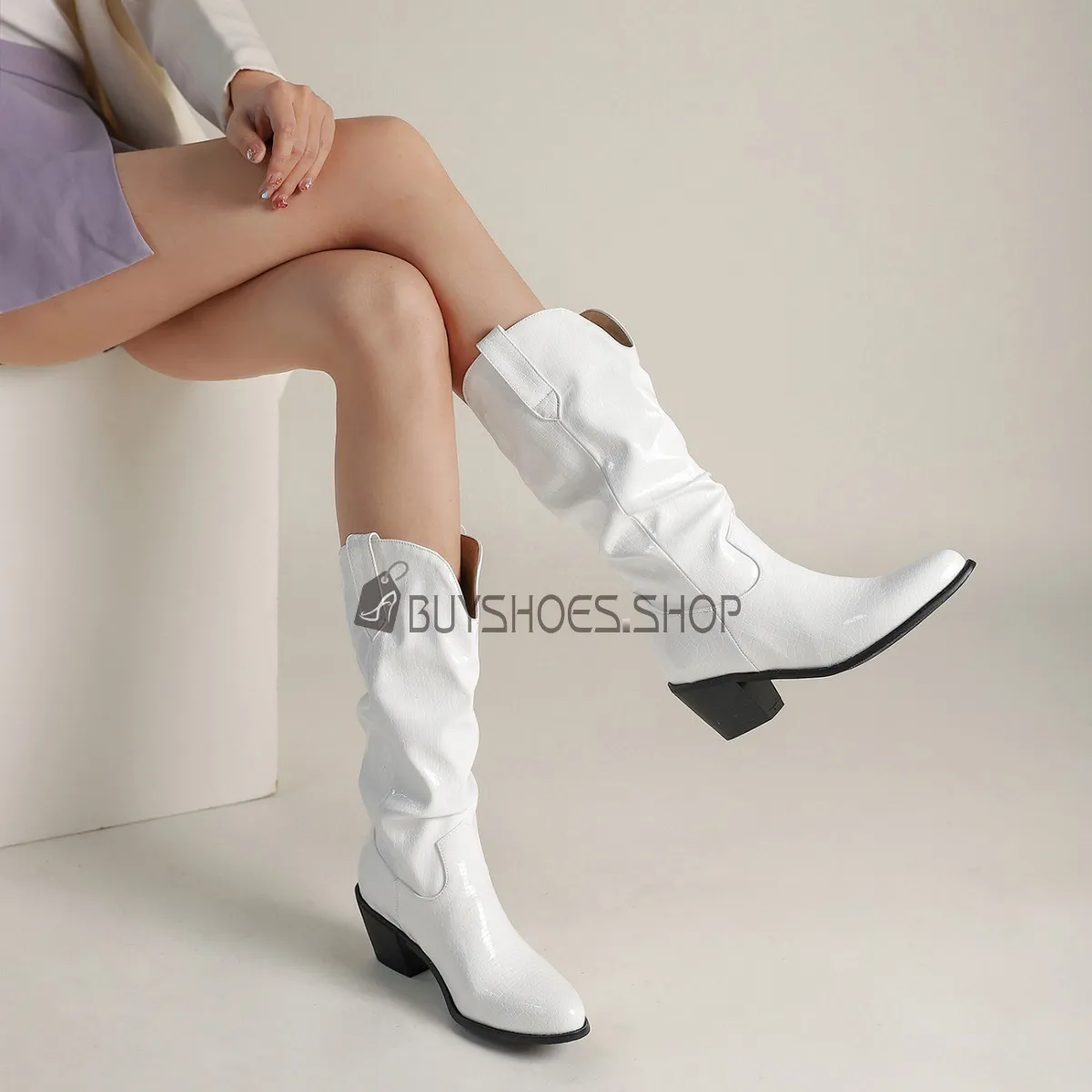 Talon Epais Bottes Mi Mollet Talon Carré Simili Cuir A Talon Mi Haut Western Femme